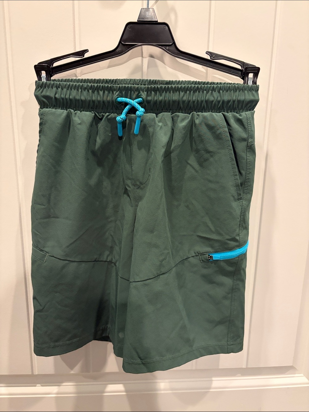 Boy's Dark Green Active Shorts with Aqua Drawcord